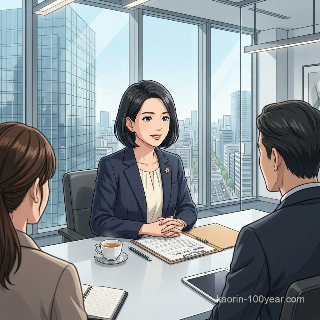 Businesswoman smiling and talking with two colleagues in a Japanese-style office