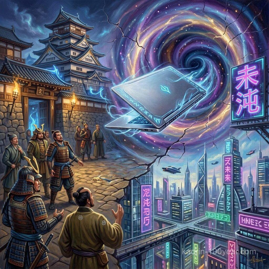 Medieval knights looking at a glowing laptop emerging from a magical portal showing a futuristic city