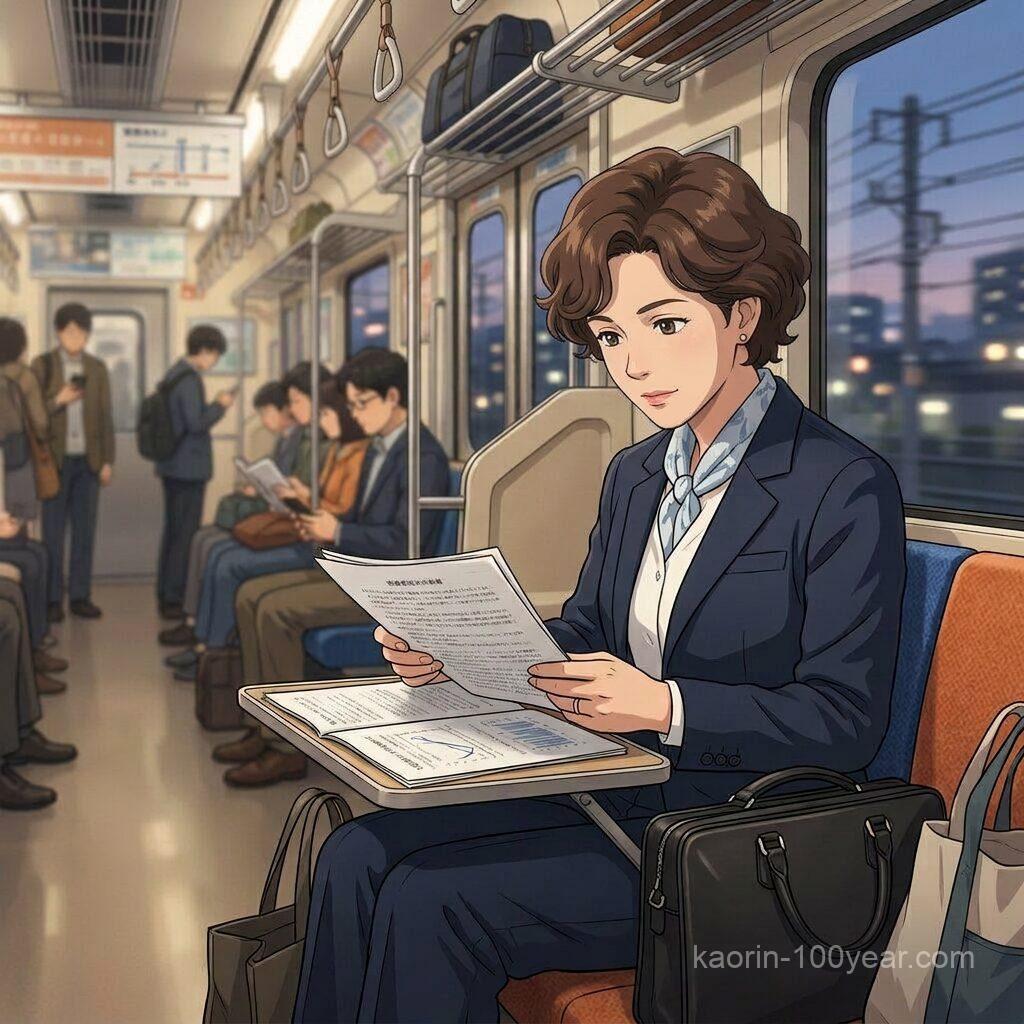Businesswoman reading papers on a train with cityscape visible through windows