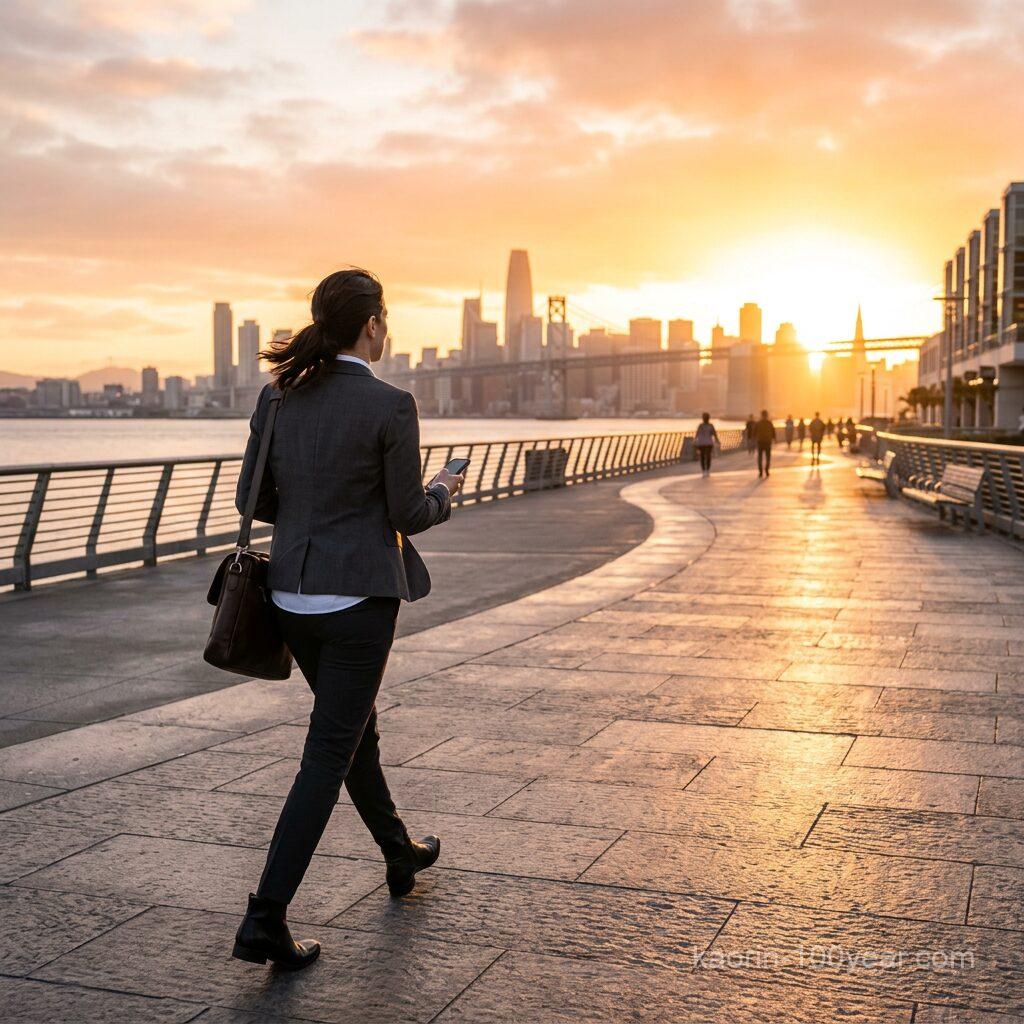Person walking on waterfront pathway at sunset near urban skyline